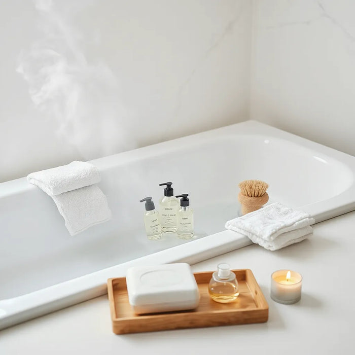 Spa-like bathroom counter with plush towels, bath oils, and a warm candle glow