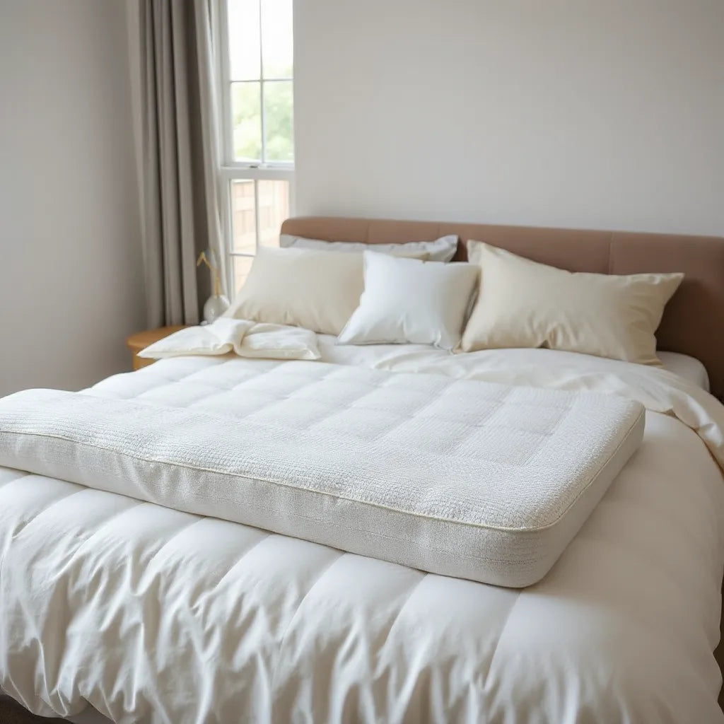 Neatly made bed with layered pillows, duvet, mattress topper, and breathable protectors in soft neutral tones