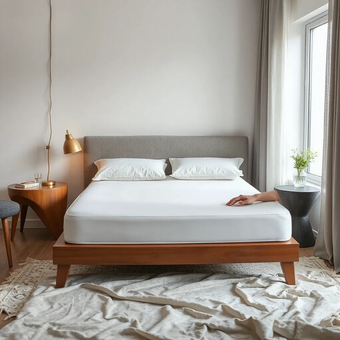Person testing a neatly made mattress in a bright, minimal bedroom setting