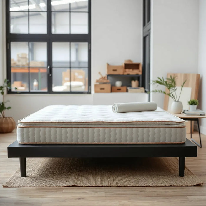 Neatly made mattress with clean bedding in a bright room, with a subtle warehouse backdrop