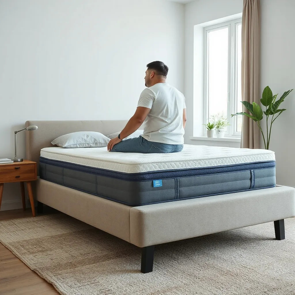 Heavier person resting comfortably on a supportive mattress with layered construction visible