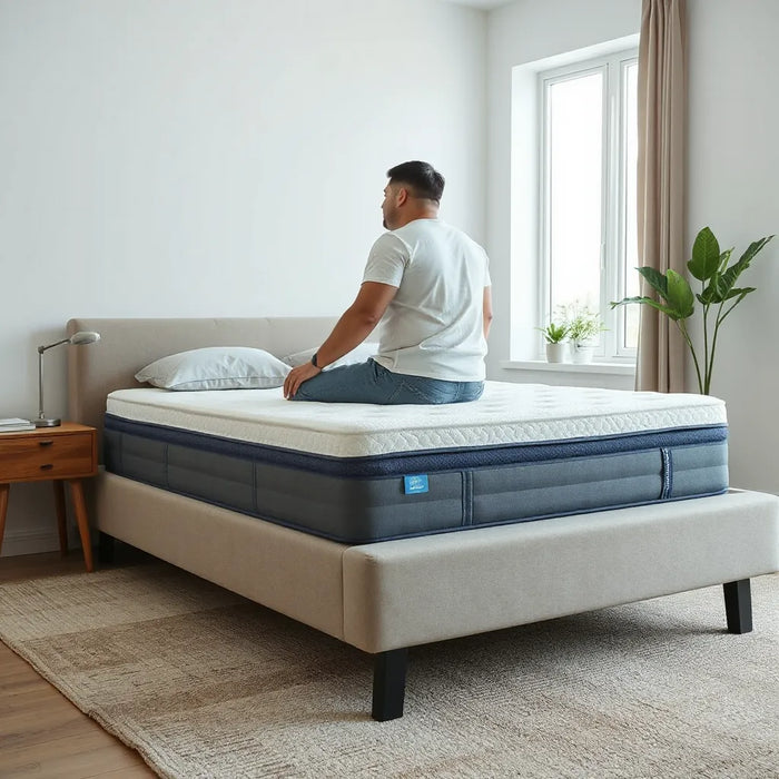 Heavier person resting comfortably on a supportive mattress with layered construction visible