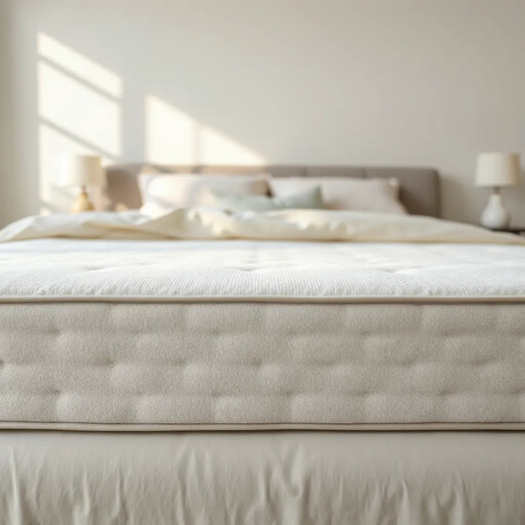 Neatly made bed featuring the textured surface of a high-density foam mattress in soft natural light