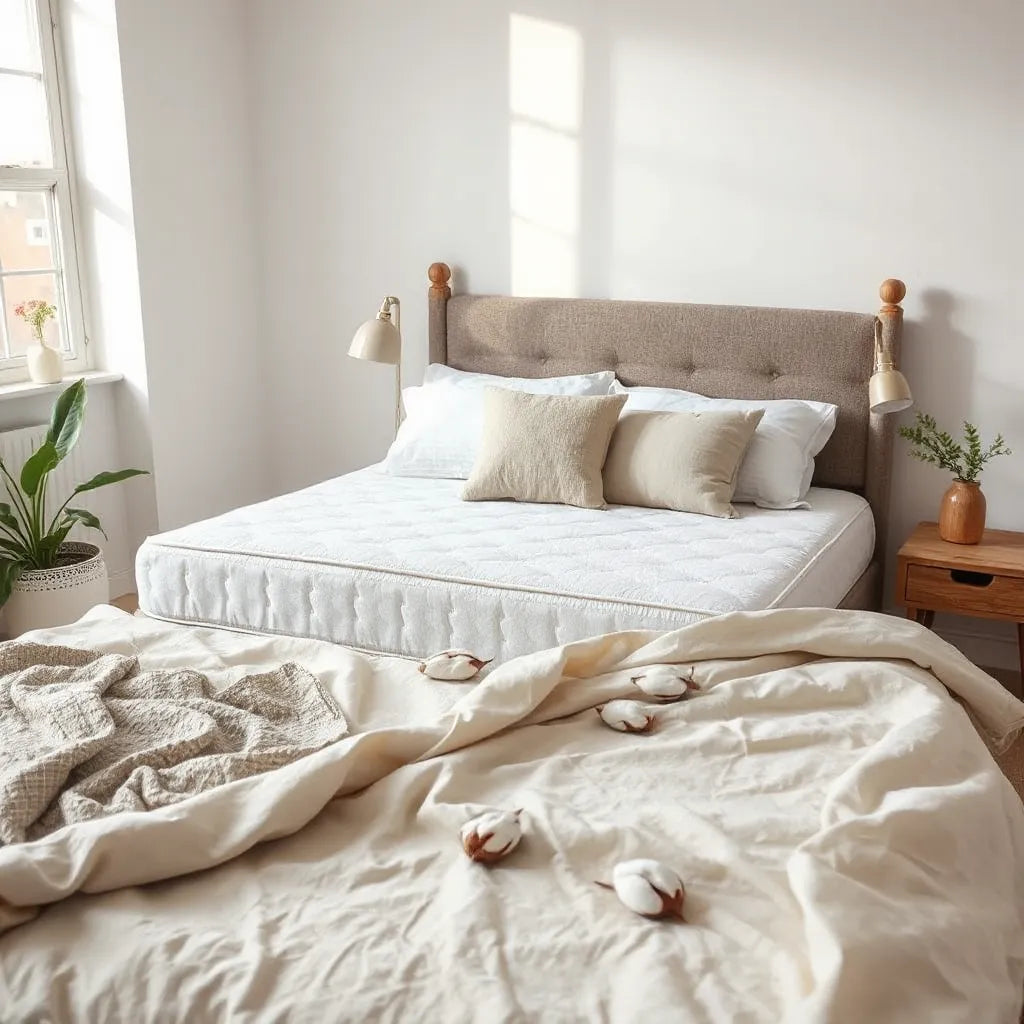 Eco-friendly mattress on a neatly made bed with natural fabric textures and soft daylight