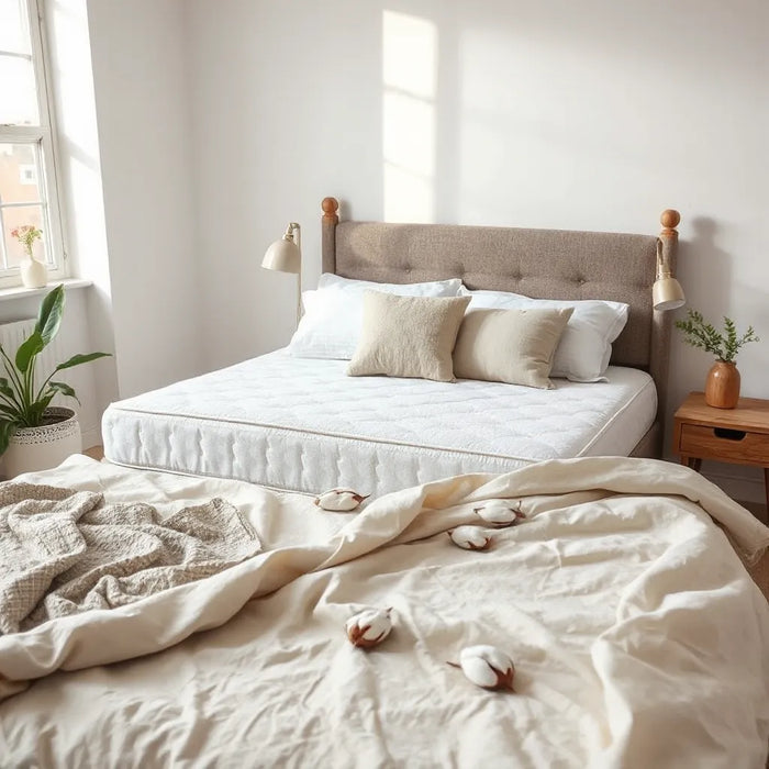 Eco-friendly mattress on a neatly made bed with natural fabric textures and soft daylight