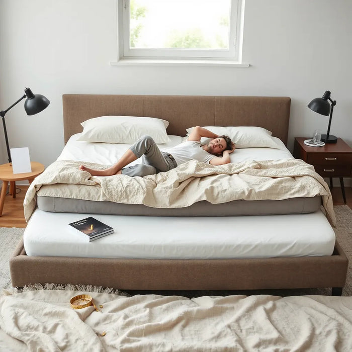 Person resting on a mattress with a checklist and measuring tape on a bedside table