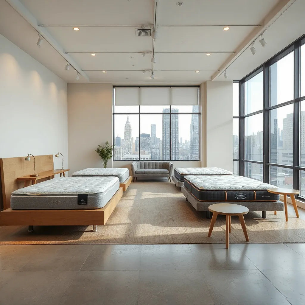 Bright NYC mattress showroom with neatly displayed beds and a customer seating area