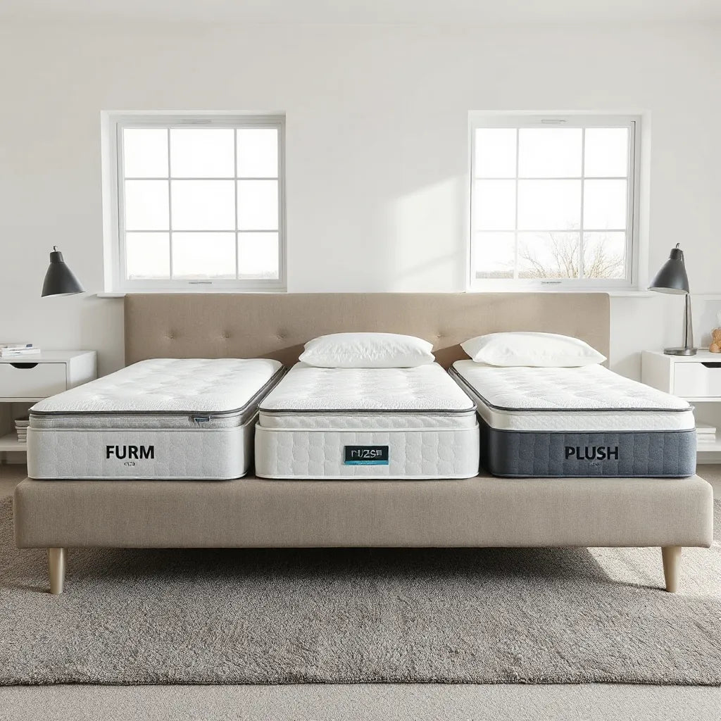Three mattresses with different firmness levels shown with visible comfort layers in a minimal bedroom setting
