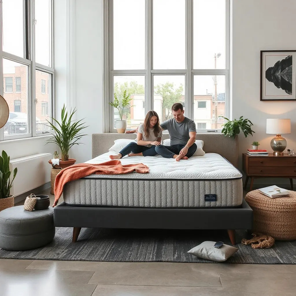 Couple testing mattresses in a modern Brooklyn showroom with a neatly made bed and soft daylight