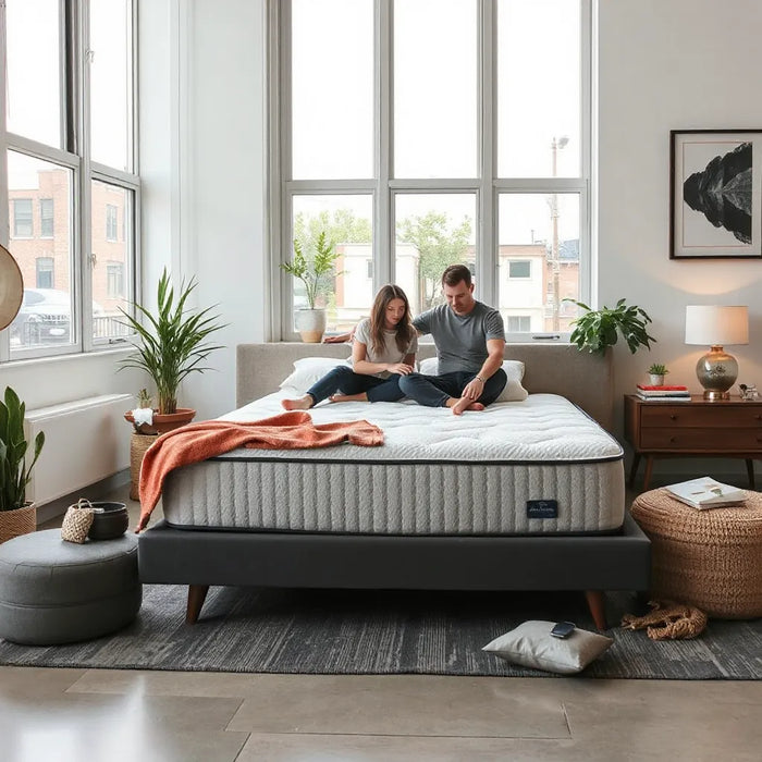 Couple testing mattresses in a modern Brooklyn showroom with a neatly made bed and soft daylight