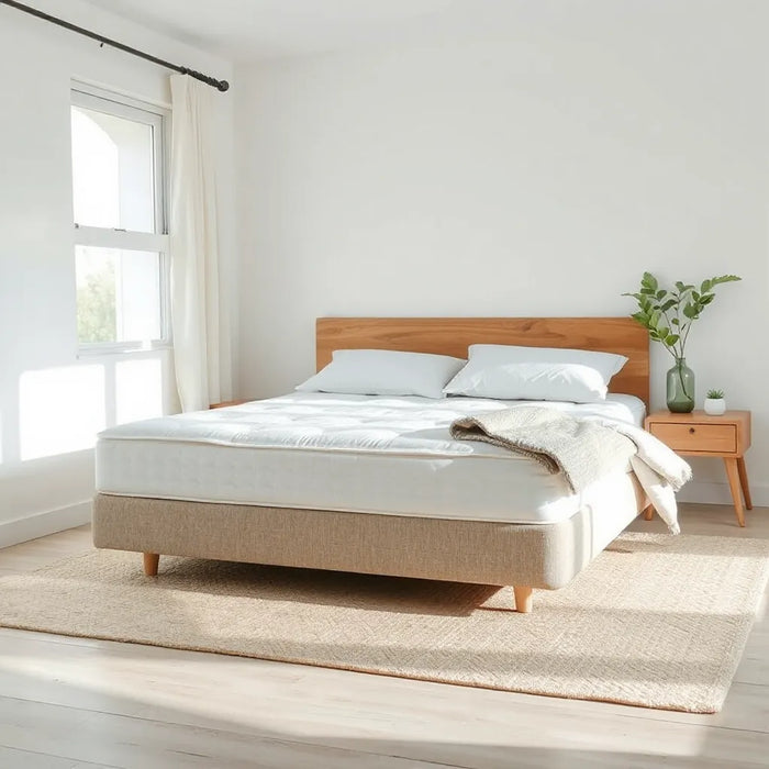 Organic cotton mattress with breathable white cotton bedding in a bright, minimal bedroom