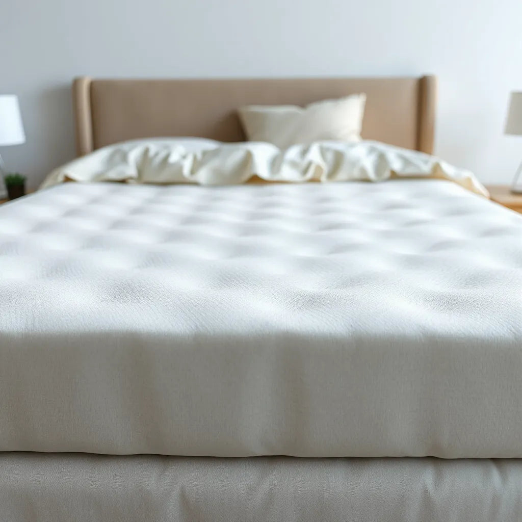 Neatly made bed with a cooling gel mattress top layer under soft, cool lighting