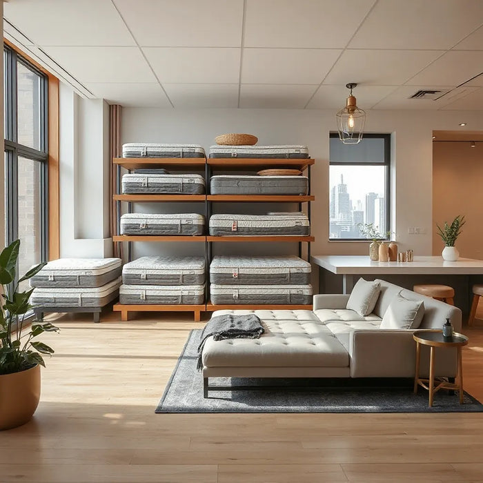 Neatly arranged mattresses in a modern Midtown NYC showroom with a view through large windows