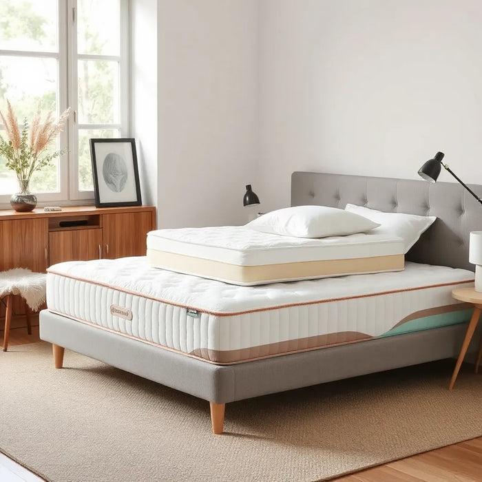 Layered mattress bed showing supportive comfort layers for heavy sleepers under soft natural light