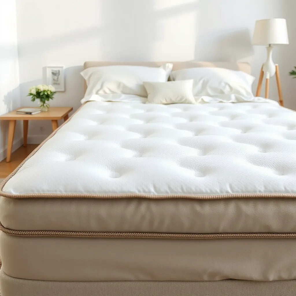 Neatly made bed with a plush pillow-top mattress under soft natural light