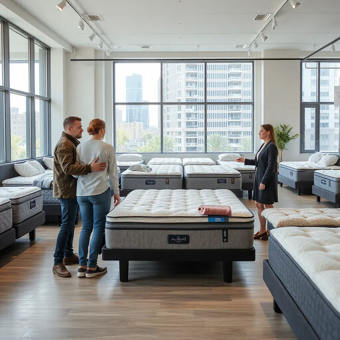 Shoppers compare mattresses with a salesperson in a bright Midtown Manhattan showroom