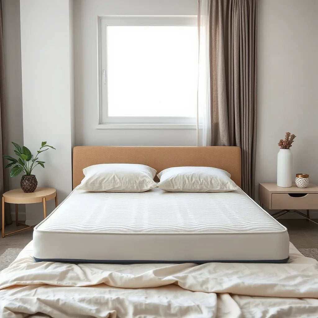 Neatly made bed with a modern mattress showing segmented comfort zones under soft natural light