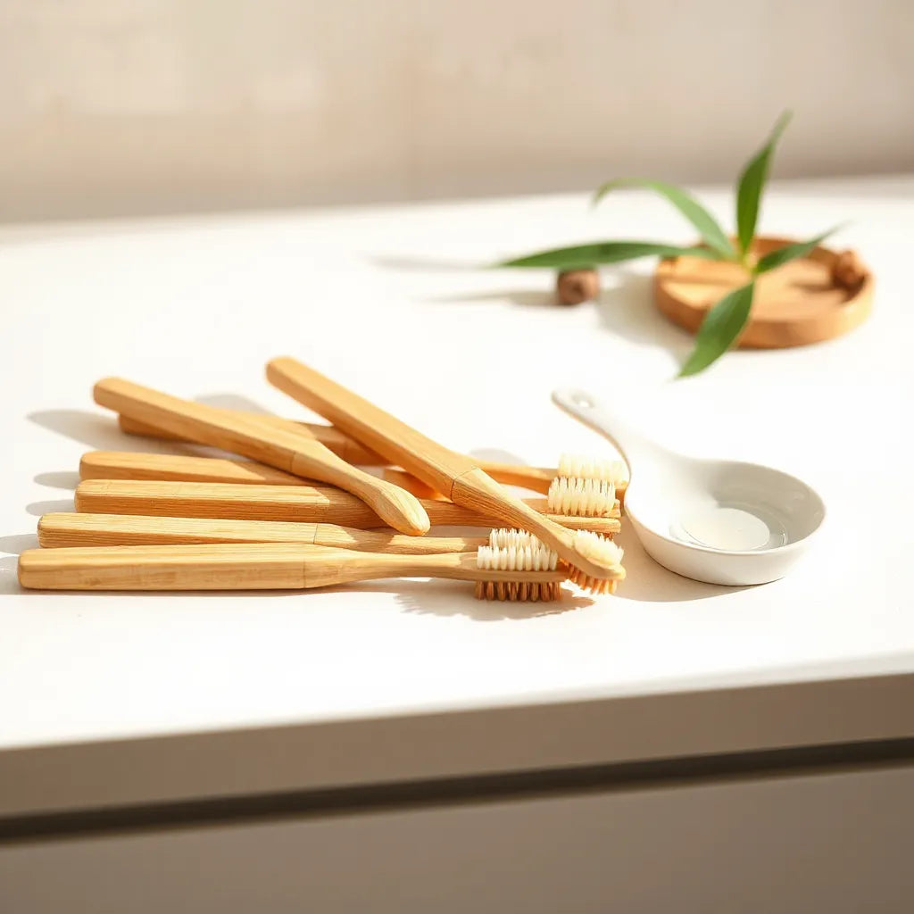 Set of bamboo toothbrushes with visible bamboo handles on a clean, minimal countertop