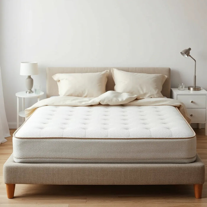 Firm-support mattress on a neatly made bed in a bright, minimal bedroom with neutral bedding