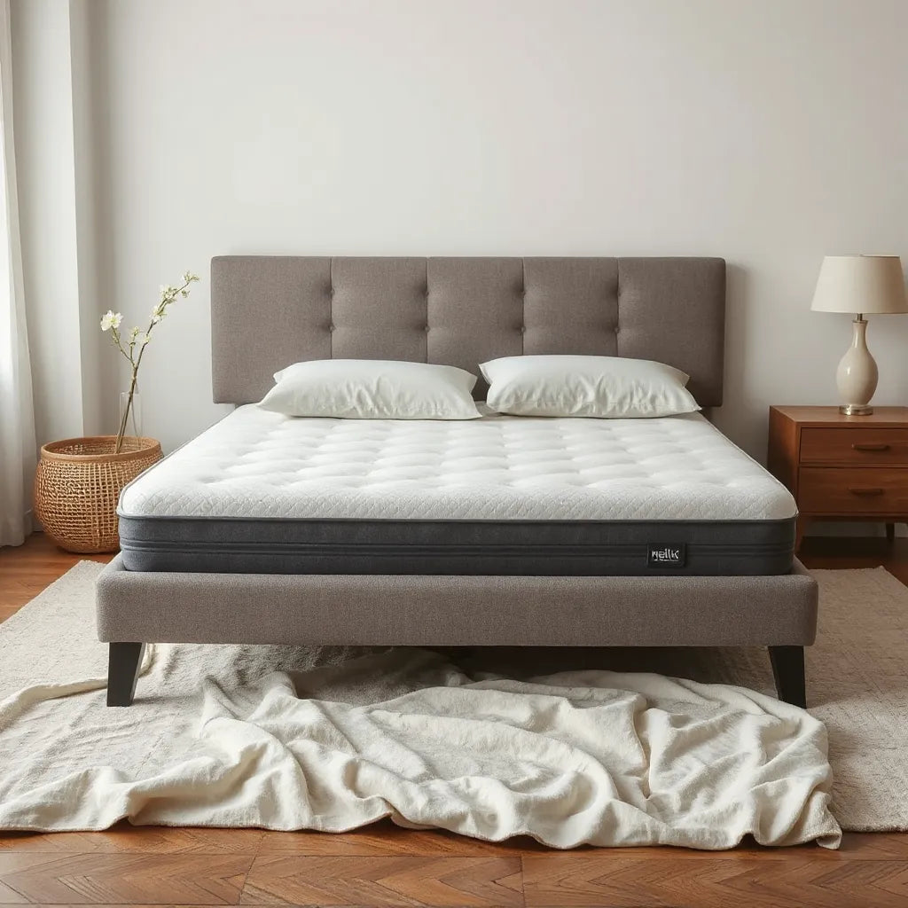 Luxury mattress on a modern bed with neutral linens in soft natural light