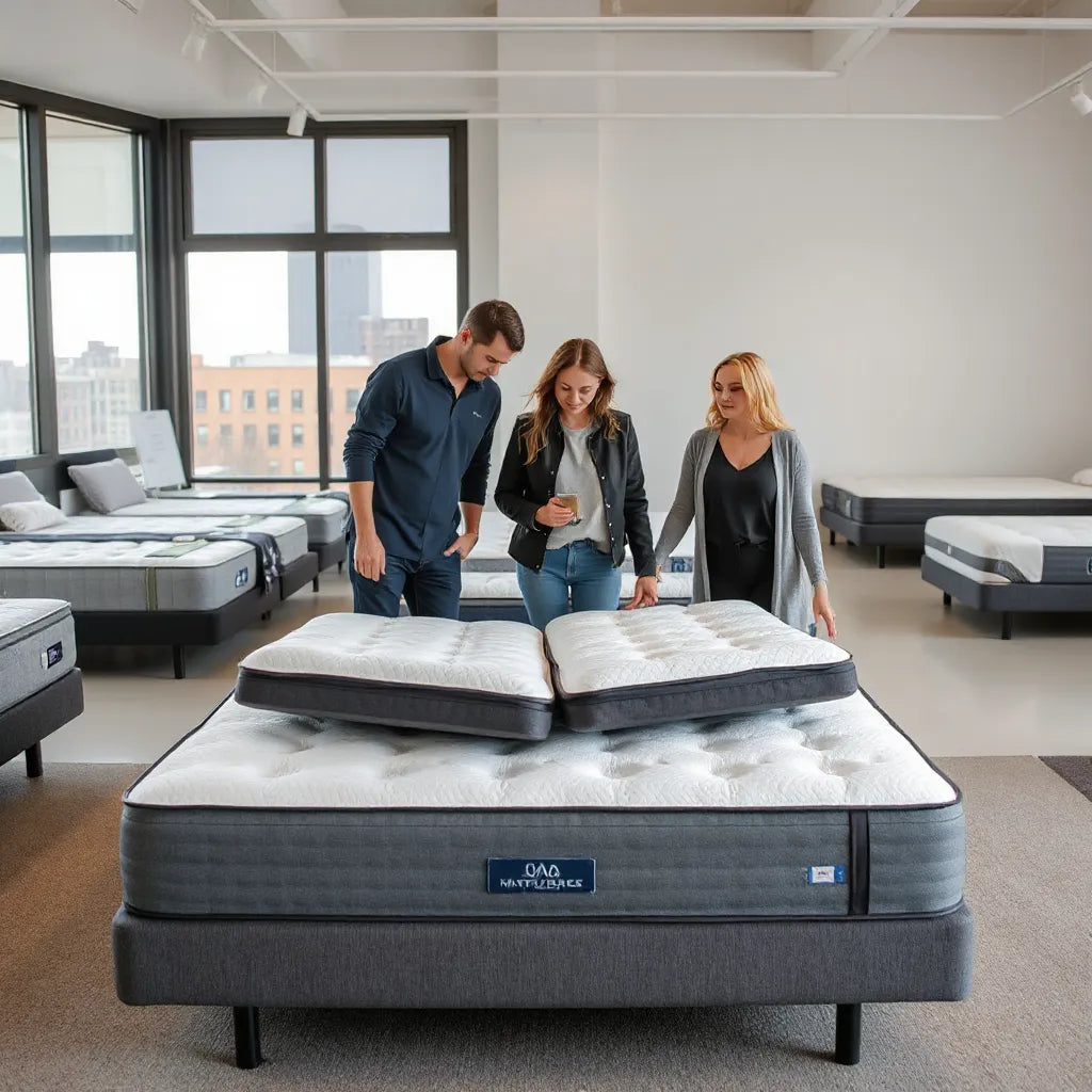 Customer comparing mattresses with a sales associate in a modern Midtown NYC showroom
