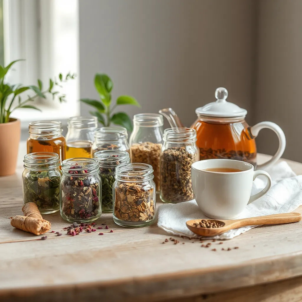 Herbal tea blends in glass jars beside a teapot and cup on a light wooden table