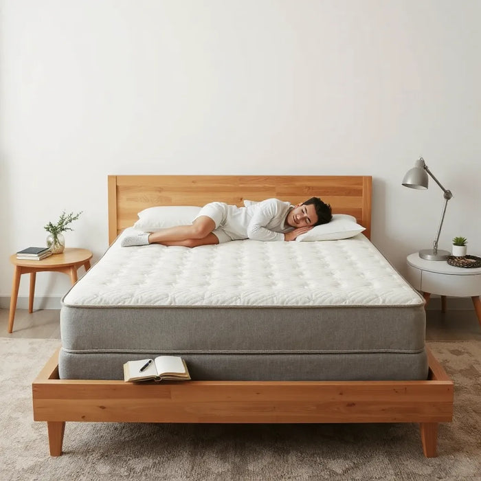 Person testing a mattress in a bedroom with a notebook nearby to track comfort