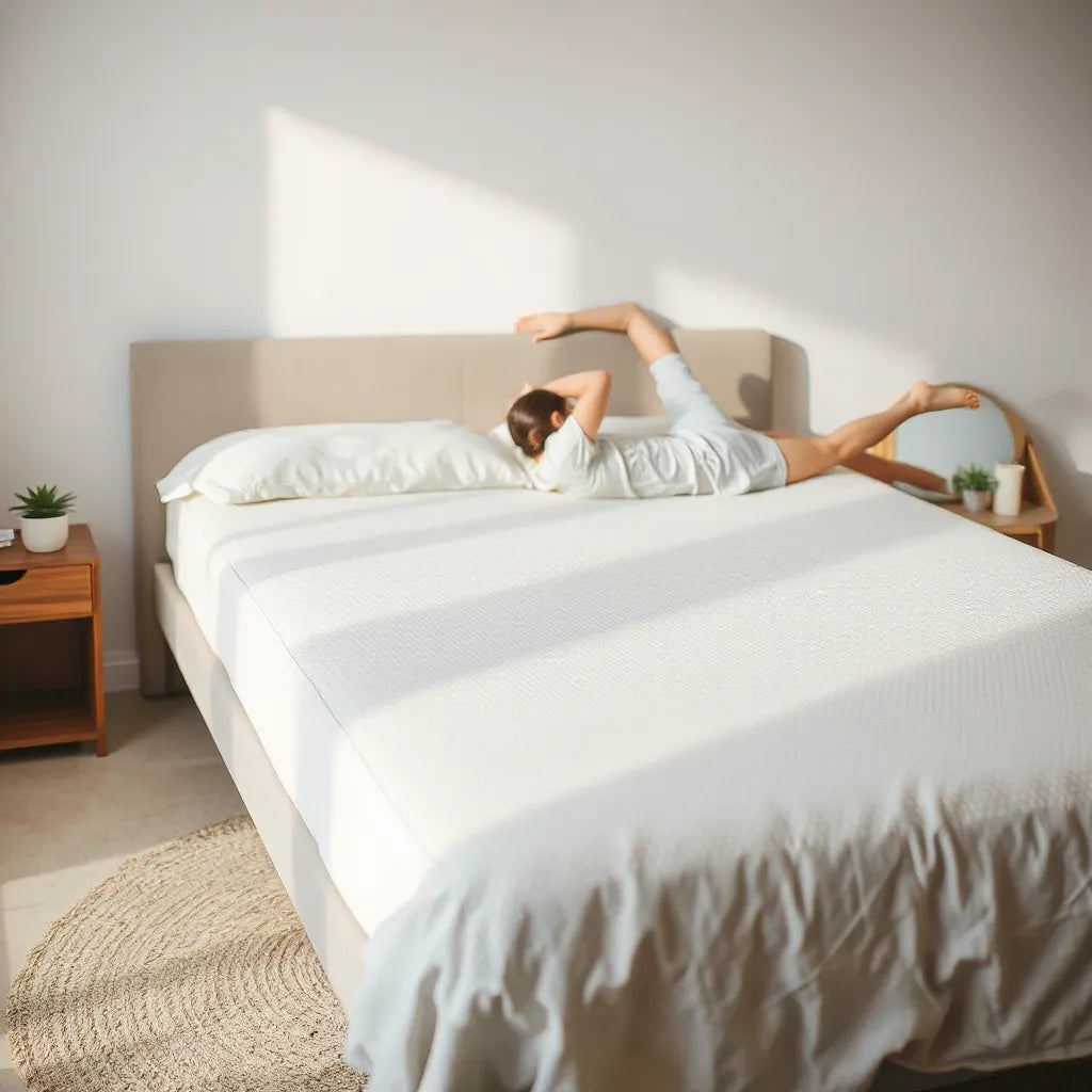 Person lying on a supportive mattress in a calm bedroom setting for back comfort and spine alignment