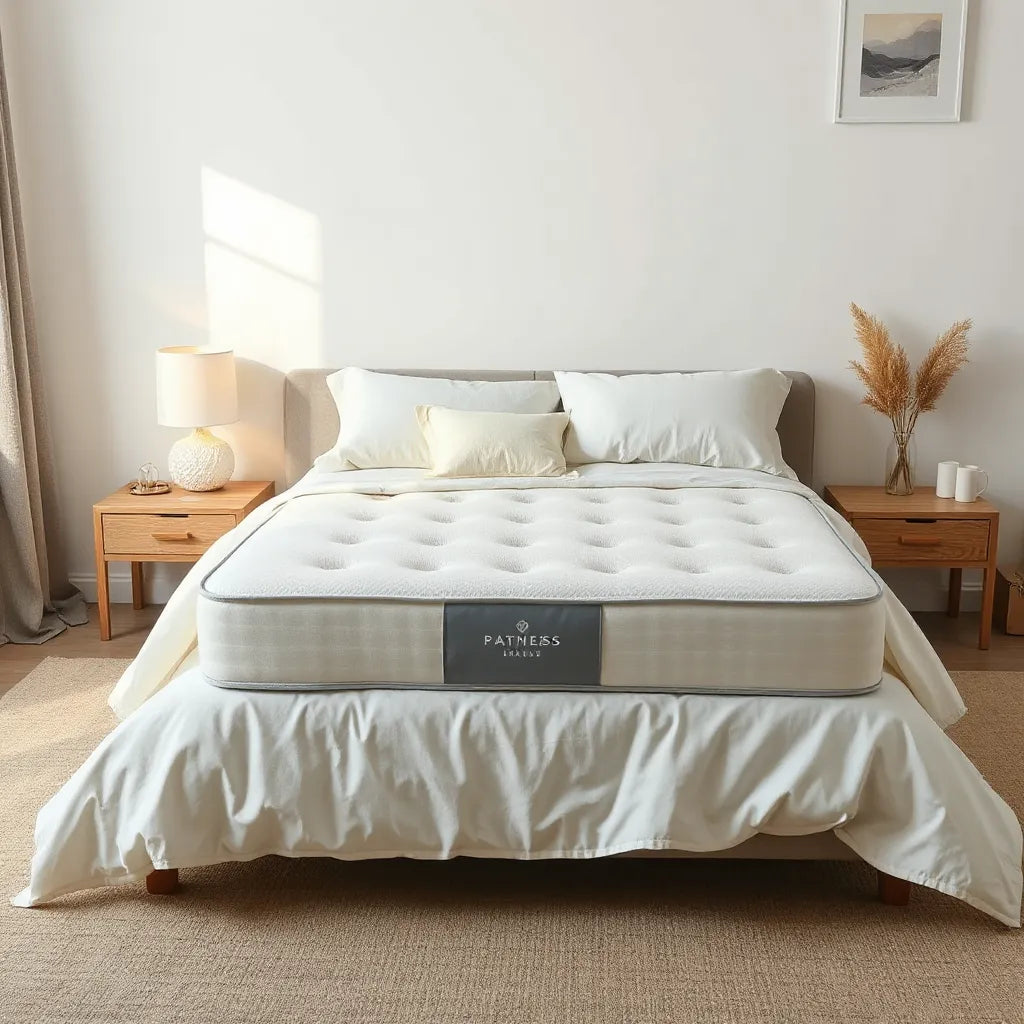 Premium hybrid mattress on a modern bed in a minimal bedroom with soft, natural lighting
