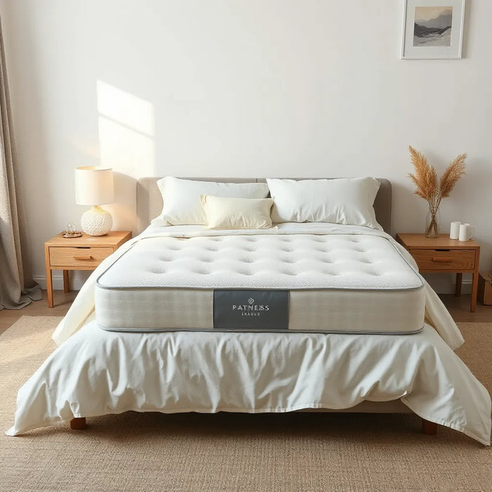 Premium hybrid mattress on a modern bed in a minimal bedroom with soft, natural lighting
