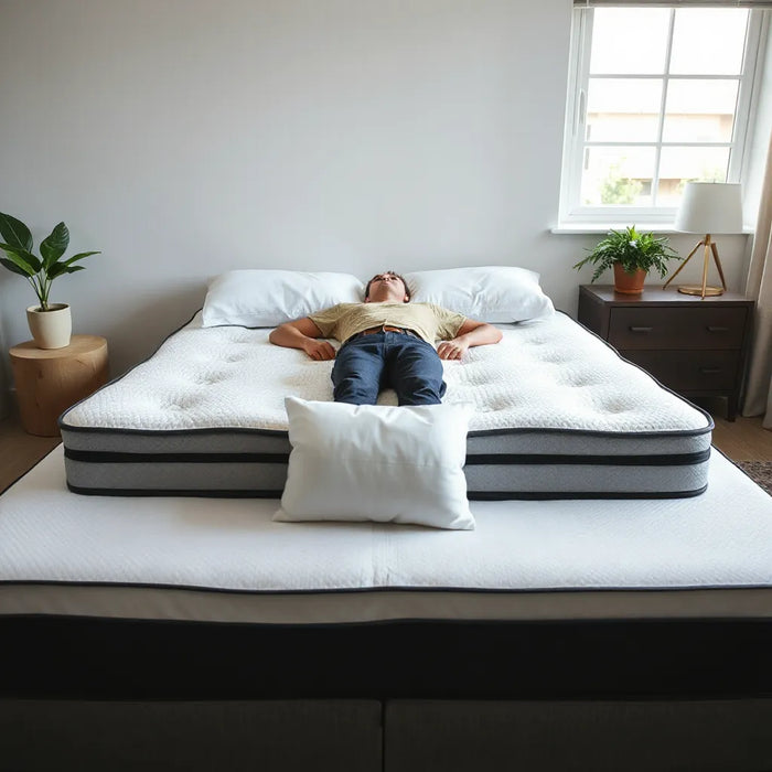 Supportive mattress in a tidy bedroom with a person resting on their back for comfortable lumbar alignment