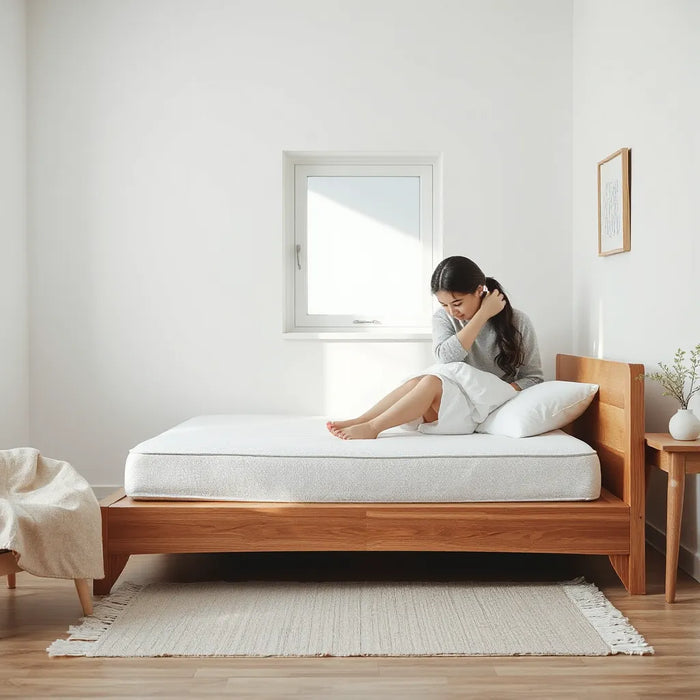Child mattress on a bed with a parent adjusting the fitted sheet in a bright, tidy room
