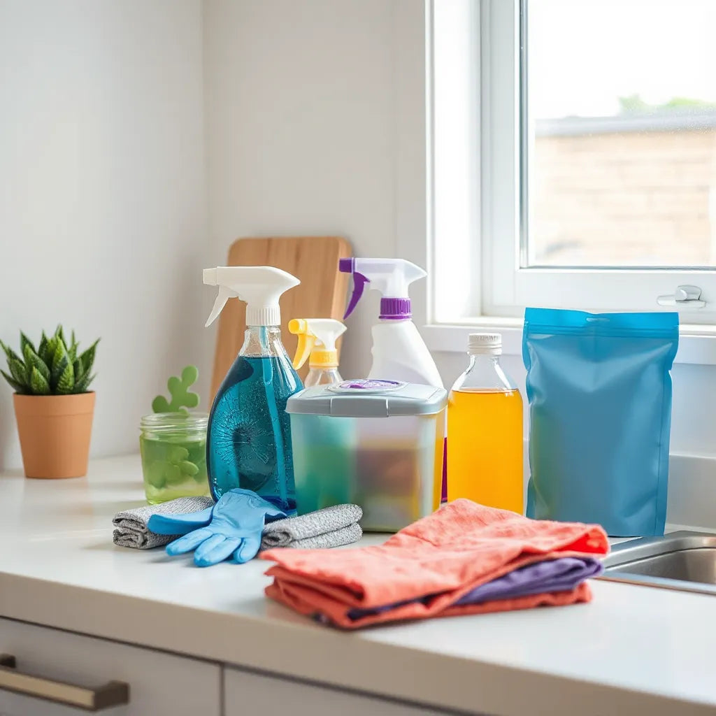 Spray bottles and microfiber cloths arranged on a clean kitchen counter for everyday cleaning