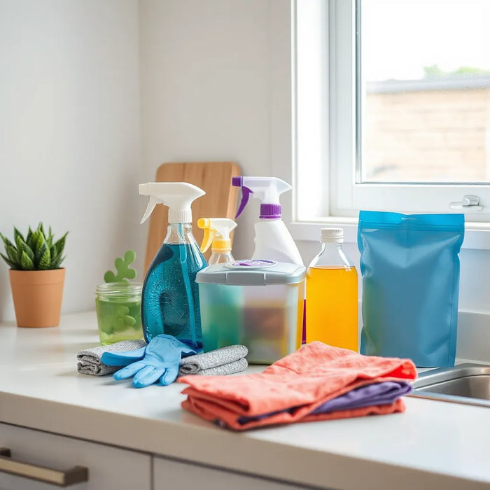Spray bottles and microfiber cloths arranged on a clean kitchen counter for everyday cleaning