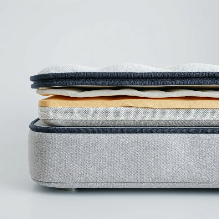 Layered view of durable mattress materials including coil support, high-density foam, and a breathable fabric cover
