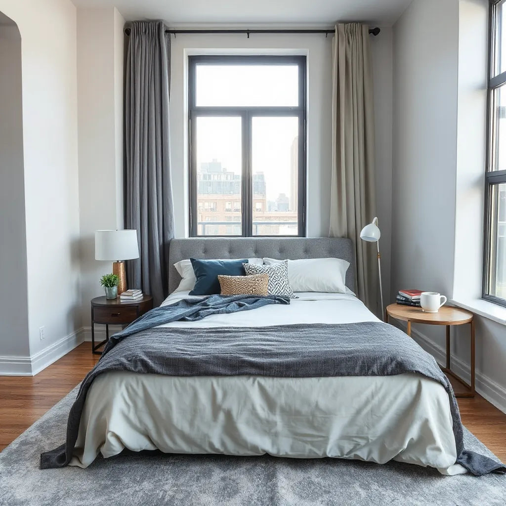 Neatly made bed in a modern NYC room with visible mattress options and neutral, uncluttered decor