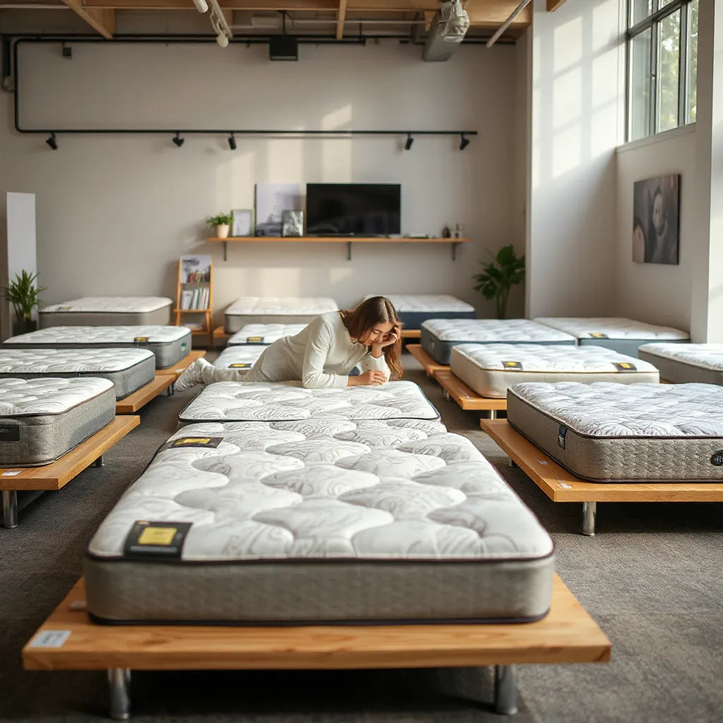 Shoppers testing mattresses on display in a clean modern showroom