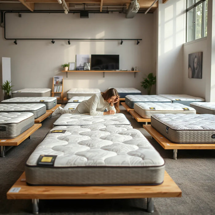 Shoppers testing mattresses on display in a clean modern showroom