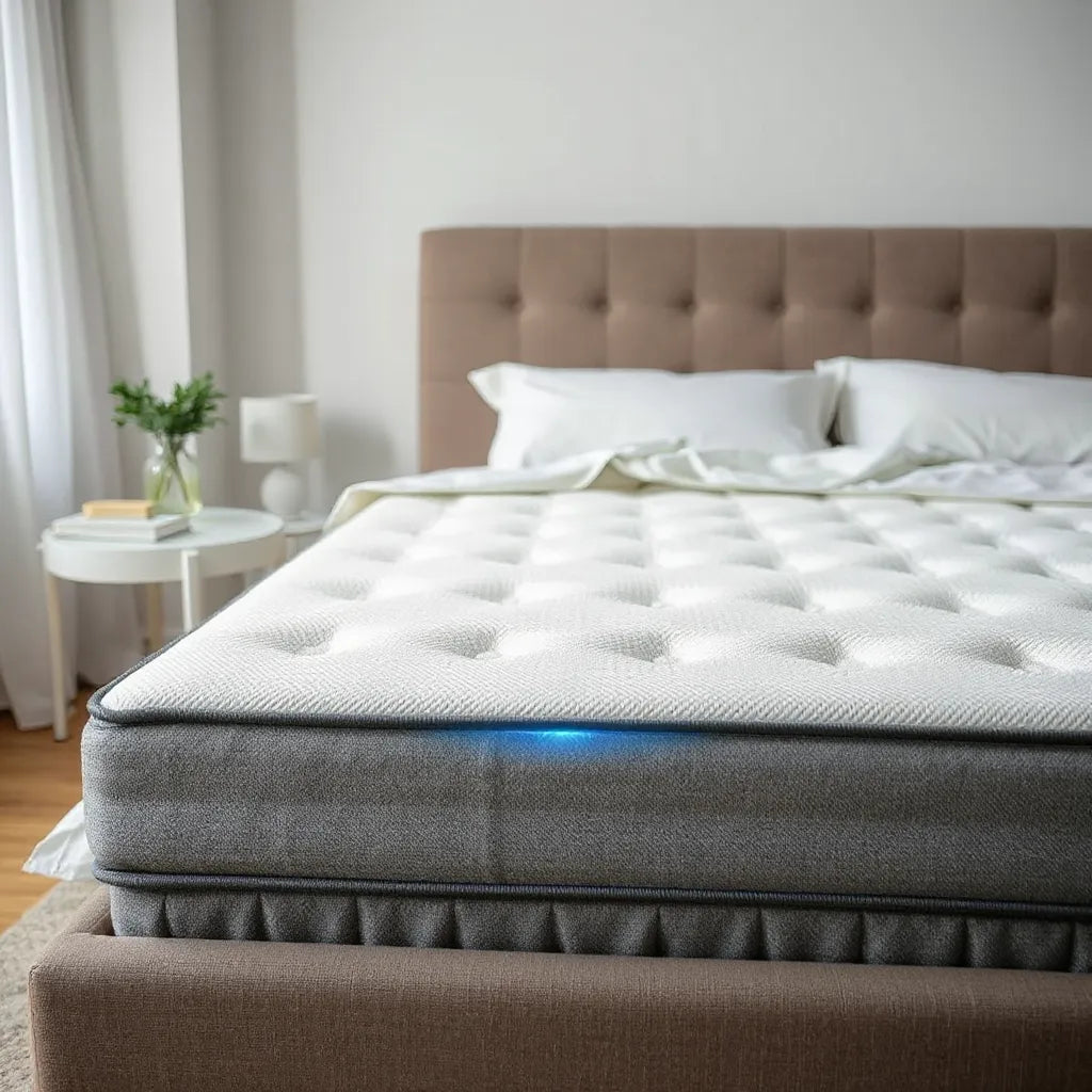 Modern mattress with cooling effects suggested by subtle air and mist around the bed surface