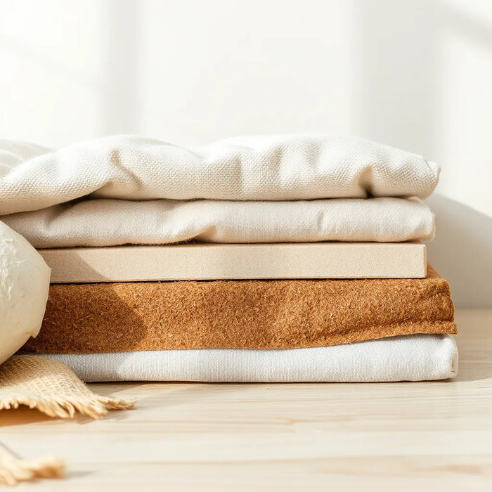 Natural mattress layers such as organic cotton, wool, and plant-based foam on a clean wood surface