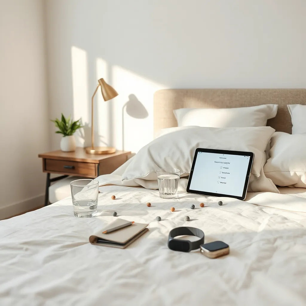 A neatly made bed with a bedside lamp and a device showing a simple bedtime routine