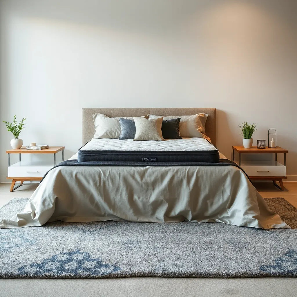 Elegant bed with neatly styled luxury bedding and a premium mattress in a modern, calm bedroom
