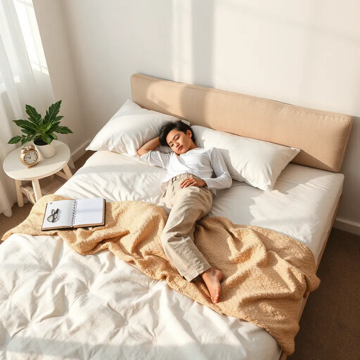Person testing a mattress on a bed with a notebook and timer on a bedside table