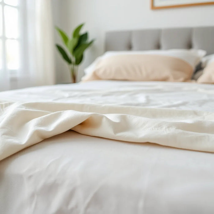 Neatly made bed with a breathable mattress cover and visible fabric texture in soft natural light