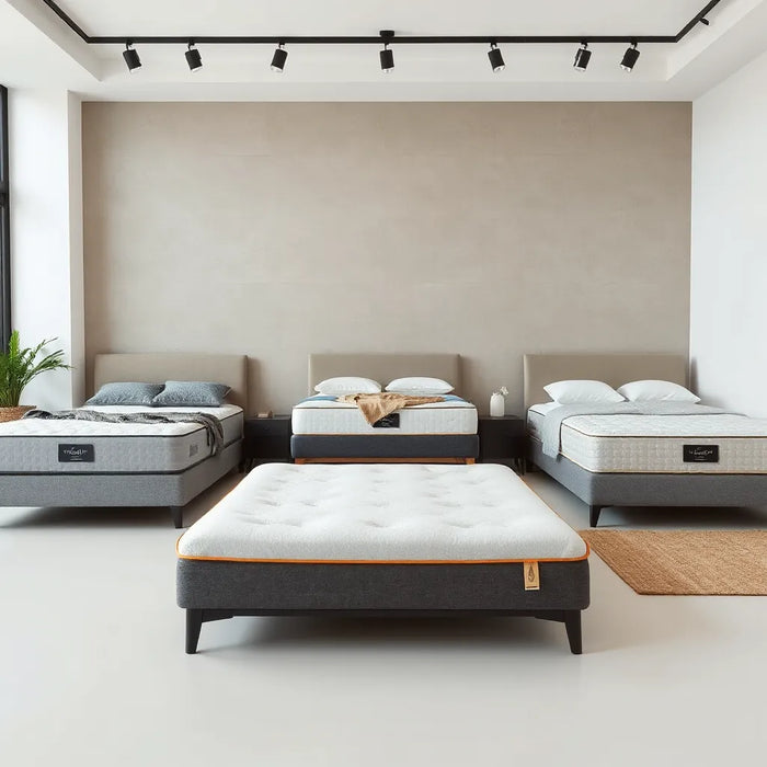 Three neatly arranged mattress options in a bright, minimal bedroom setting