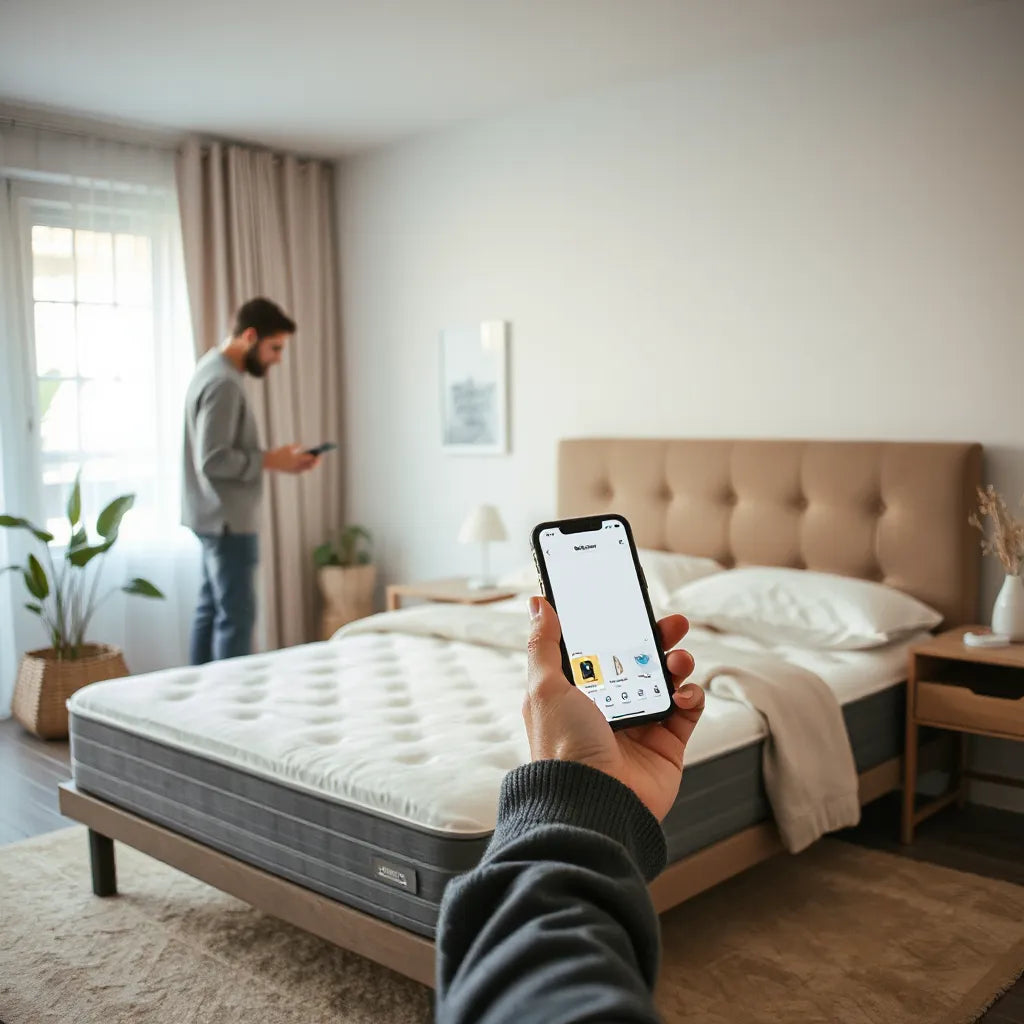 Person comparing mattress options on a smartphone next to a neatly made bed