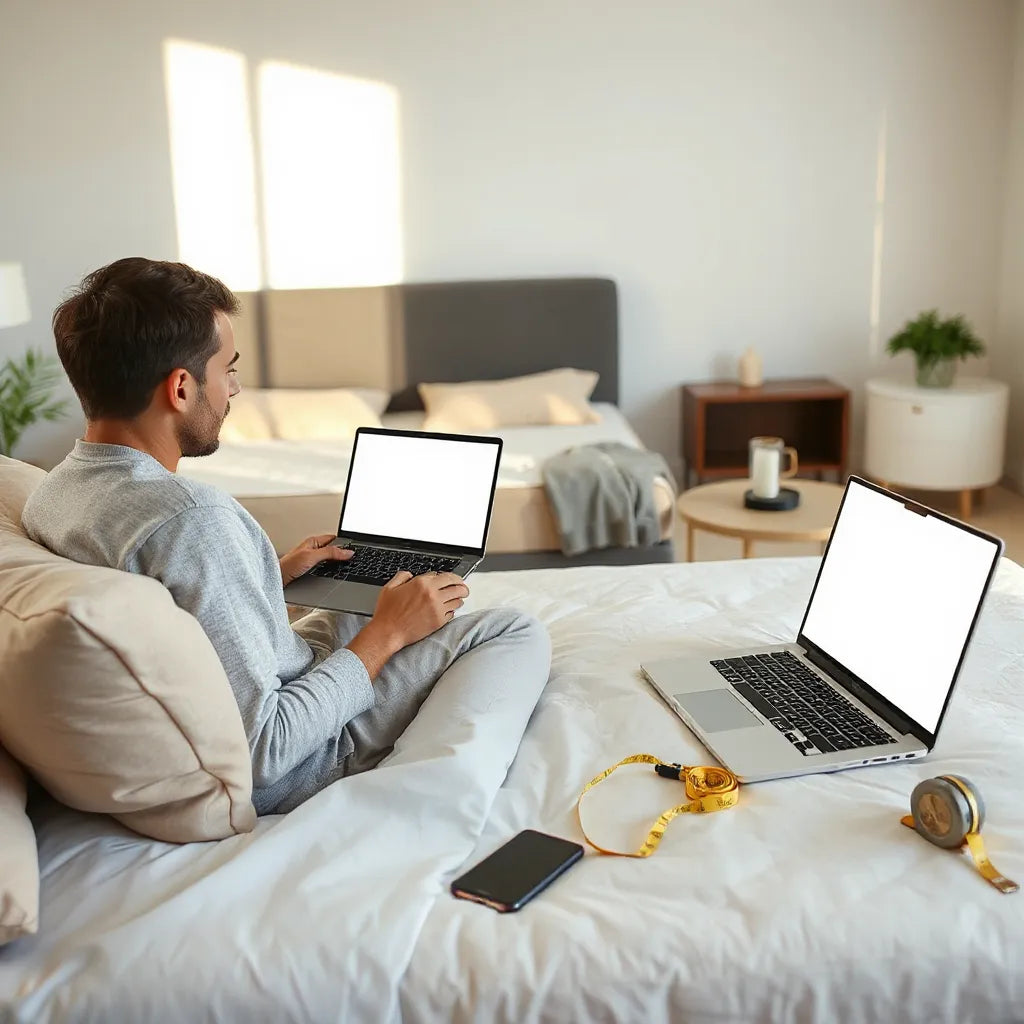 Person browsing a laptop near a neatly made bed while comparing mattress options