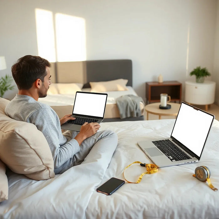Person browsing a laptop near a neatly made bed while comparing mattress options