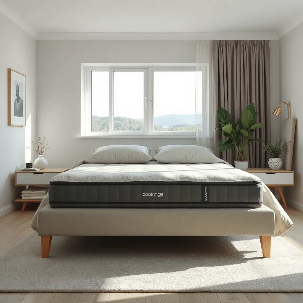 Modern bed with a cooling gel mattress top and soft neutral bedding under natural light