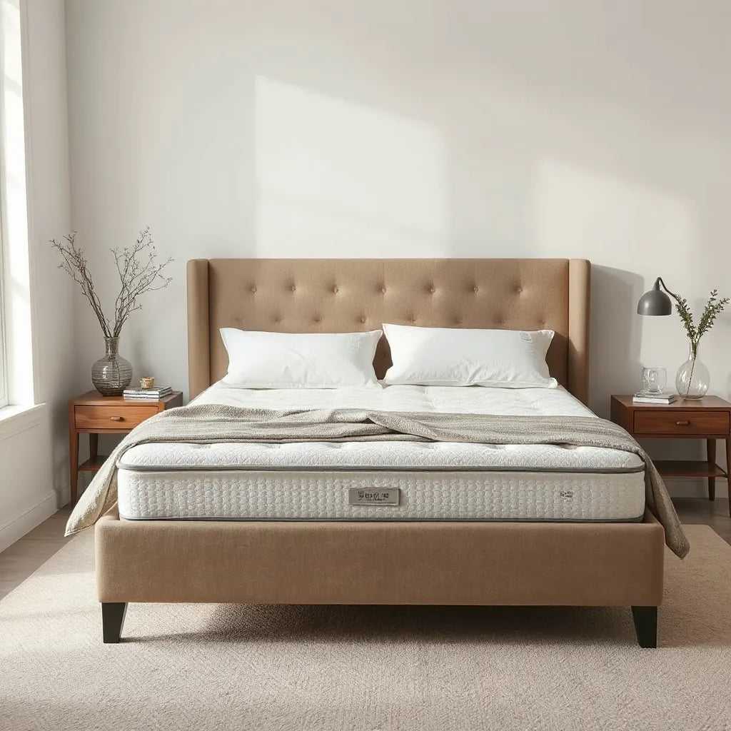 Luxurious bed with a premium upholstered mattress and neatly styled bedding in soft natural light